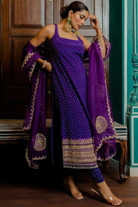 Purple Color Satin Fabric Charming Festival Wear Salwar Suit