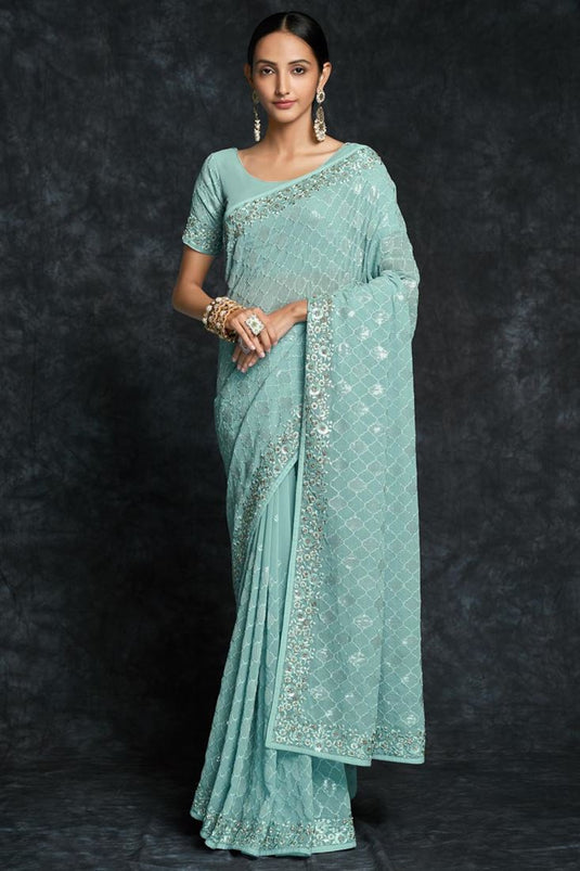 Georgette Embroidered Classic Light Cyan Saree
