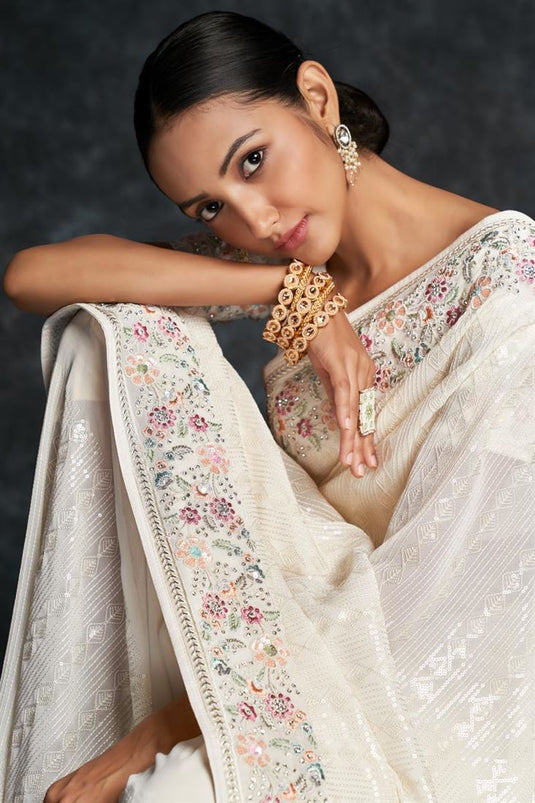Contemporary Style Saree Embroidered Georgette In White Color