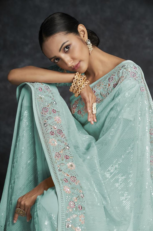 Cyan Color Georgette Embroidered Contemporary Style Saree