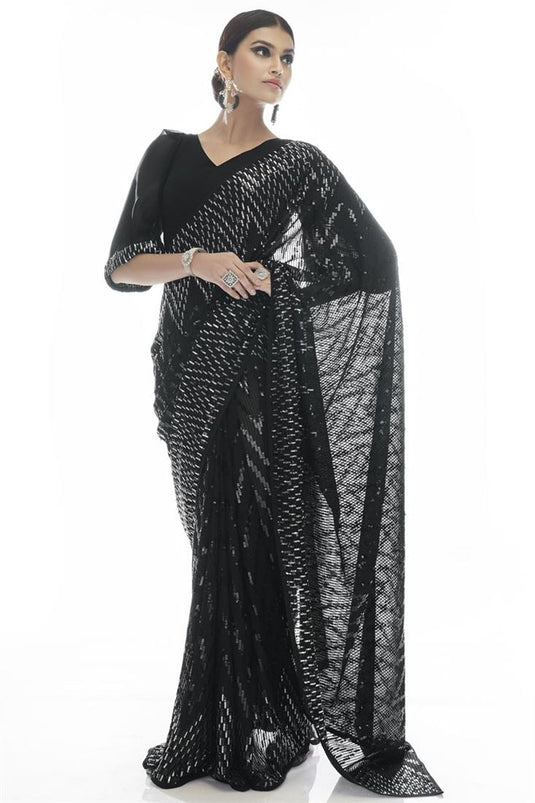 Classic Black Color Party Look Sequins Work Georgette Saree