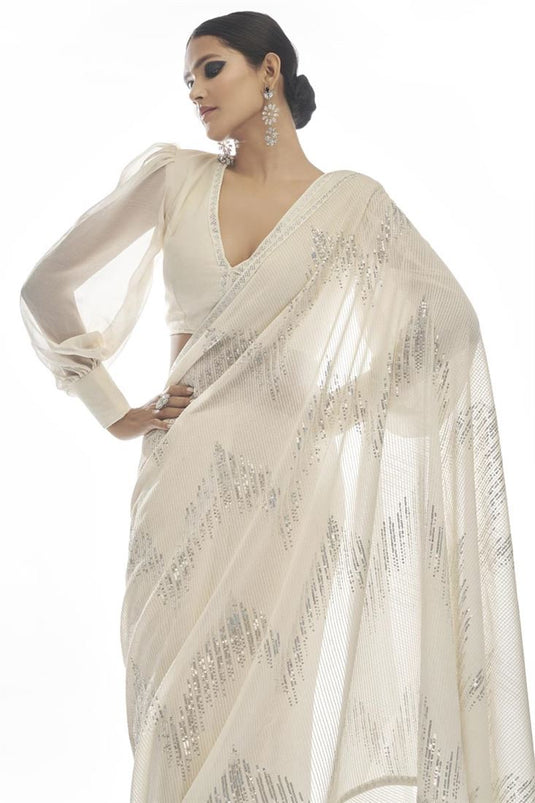 Tempting Sequins Work On Off White Color Party Look Georgette Saree