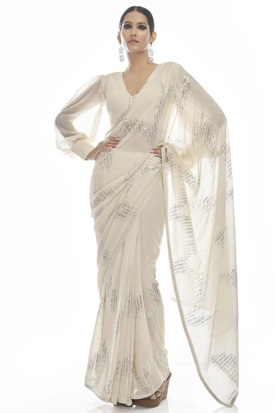 Tempting Sequins Work On Off White Color Party Look Georgette Saree