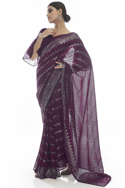 Engaging Sequins Work On Wine Color Party Look Georgette Saree