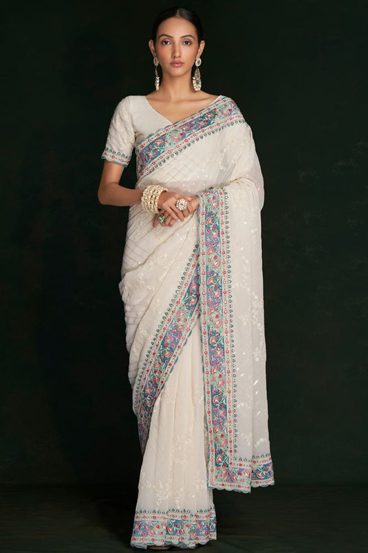 Elegant White Georgette Saree with Intricate Lucknowi Work