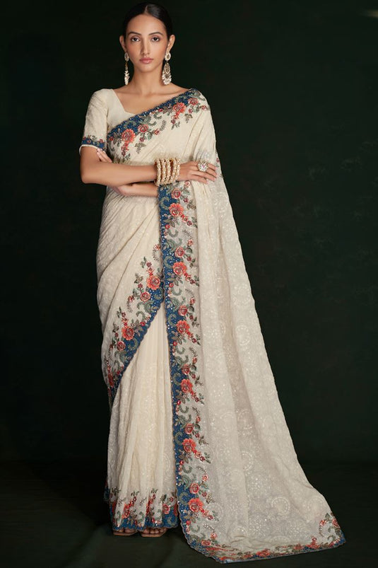 Vibrant White Georgette Saree with Lucknowi Work