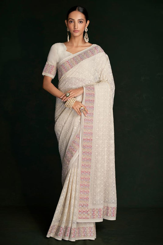 Graceful White Georgette Saree with Lucknowi Work