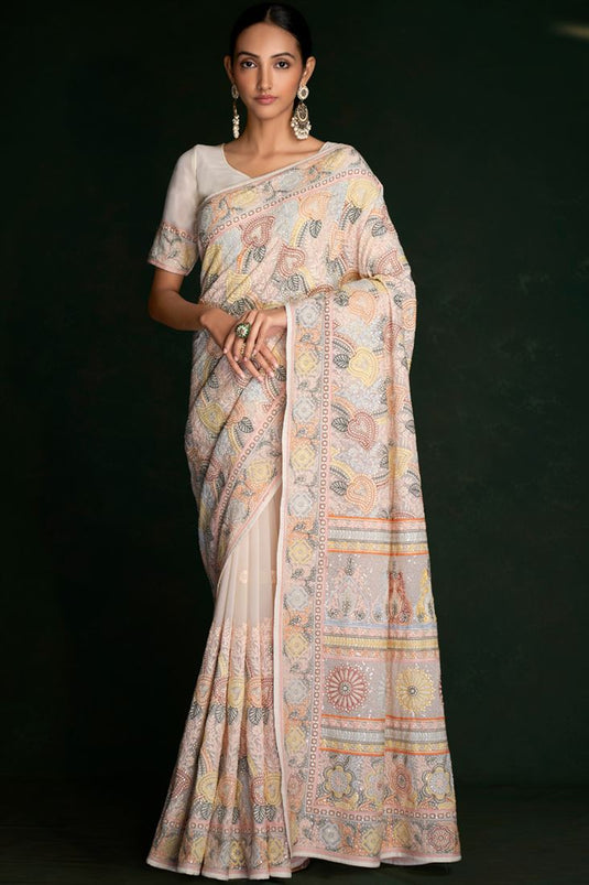 Luxurious White Georgette Saree with Lucknowi Work