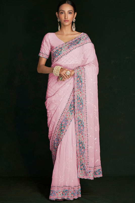 Fashionable Pink Georgette Saree with Rich Lucknowi Work