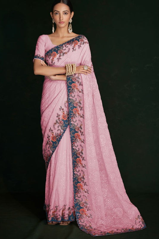 Exquisite Pink Georgette Saree with Lucknowi Work