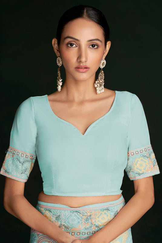 Beguiling Light Cyan Georgette Saree with Delicate Lucknowi Work