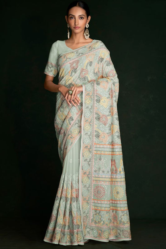 Tempting Sea Green Georgette Saree with Lucknowi Work