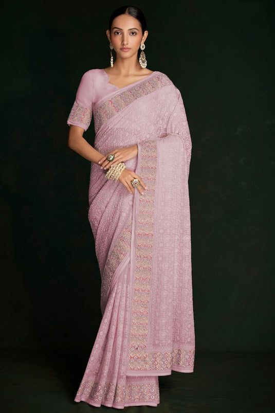 Wonderful Pink Georgette Saree with Lucknowi Work