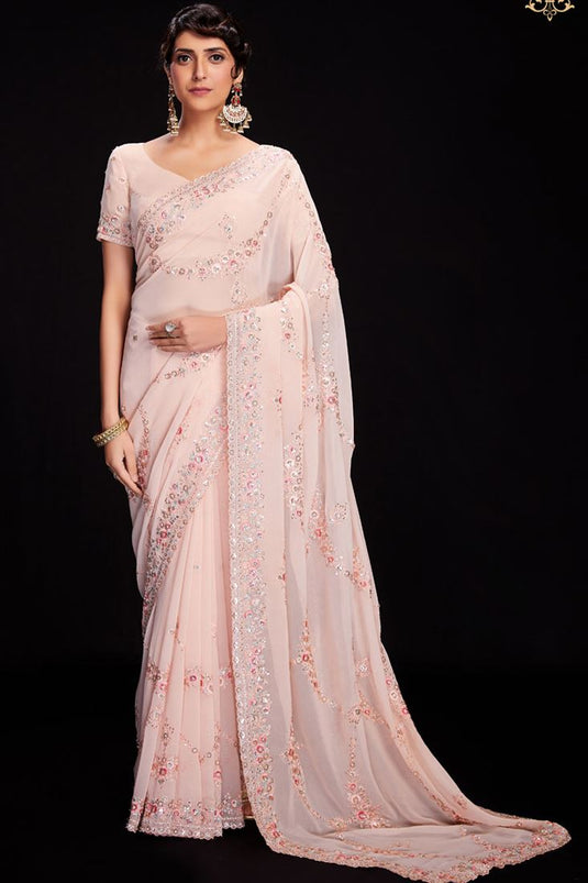 Sequins Work Peach Color Enticing Georgette Saree For Function