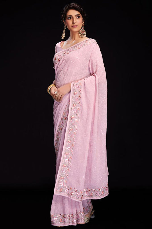 Pink Sequins Work Amazing Georgette Saree For Function