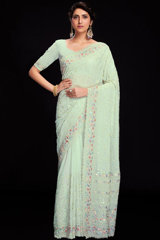 Sequins Work Brilliant Georgette Saree For Function In Sea Green Color