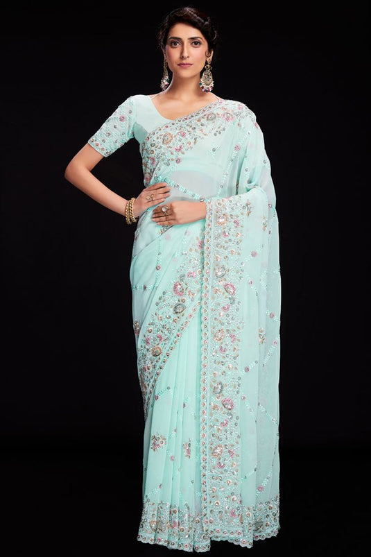 Sequins Work Soothing Sky Blue Color Georgette Saree For Function
