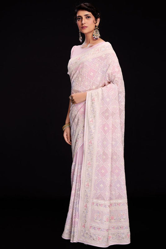 Pink Appealing Sequins Work Georgette Saree For Function