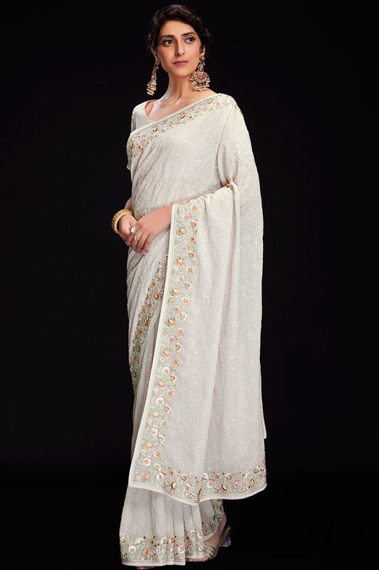 Sequins Work Awesome Georgette White Color Saree For Function