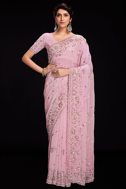 Pink Color Ingenious Sequins Designs Georgette Saree For Function
