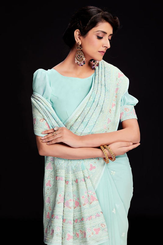 Light Cyan Color Lovely Sequins Work Georgette Saree For Function