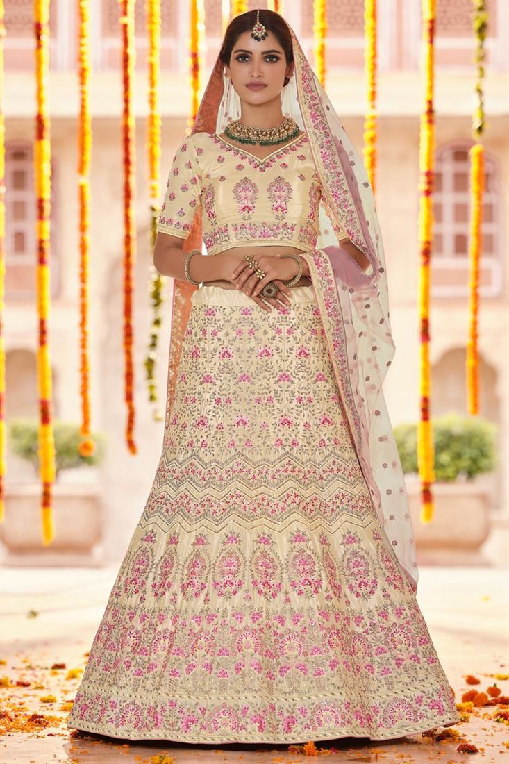 Exclusive Beige Color Embroidered Wedding Wear Lehenga Choli In Crepe