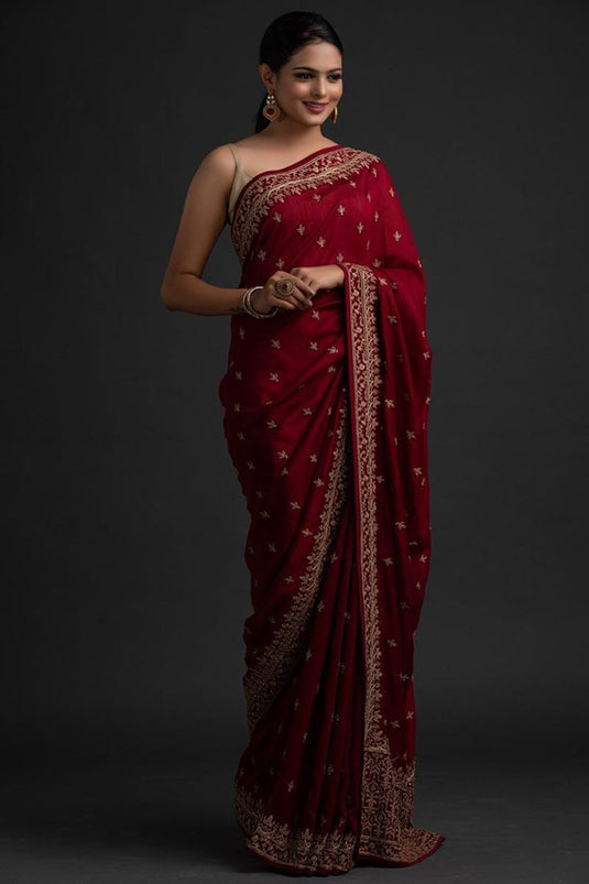 Party Look Art Silk Fabric Maroon Color Enticing Saree