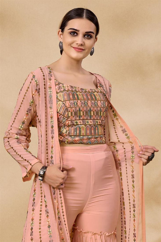 Party Look Peach Color Enthralling Sharara Suit With Jacket In Georgette Fabric