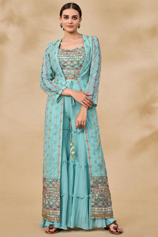 Marvelous Georgette Fabric Party Look Sharara Suit With Jacket In Sky Blue Color