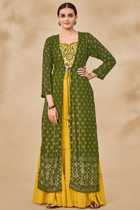 Green Color Georgette Fabric Glittering Sharara Suit With Jacket