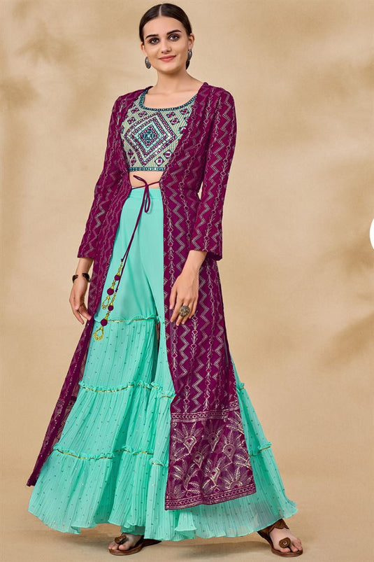 Buy KREATAGHNA COLLECTION Women's Georgette Thread Sequin Embrodiery Work  Full Stitched Jacket Style Sharara Suit Teal Blue Purple Online at Best  Prices in India - JioMart.