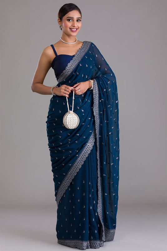 Chinon Fabric Embellished Sequins Work Navy Blue Color Saree