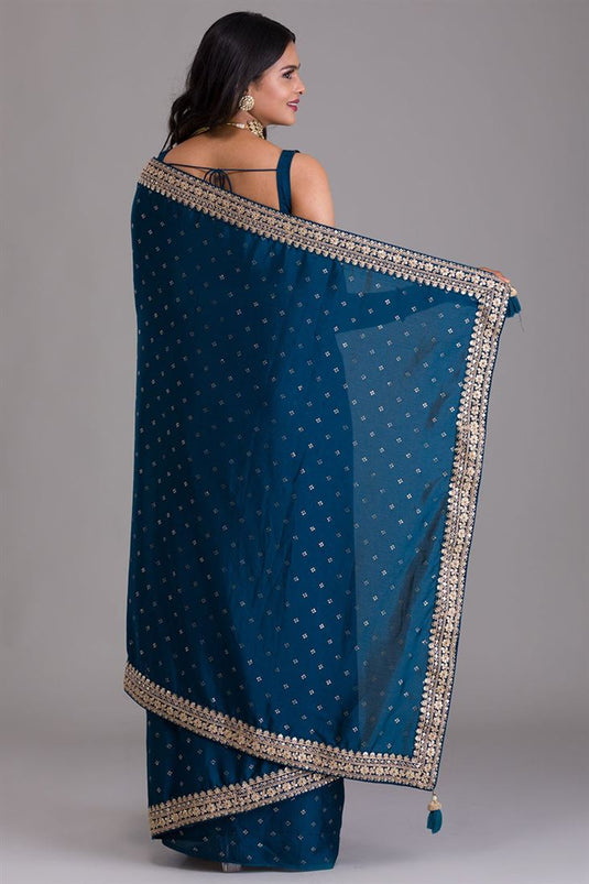 Teal Color Graceful Sequins Work Art Silk Fabric Saree
