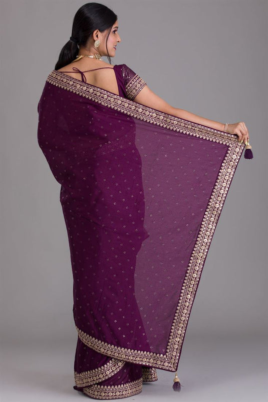 Art Silk Fabric Tempting Sequins Work Saree In Wine Color
