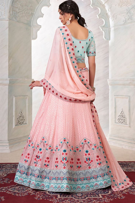 Elegant Georgette Fabric Wedding Wear Lehenga Choli in Peach Color