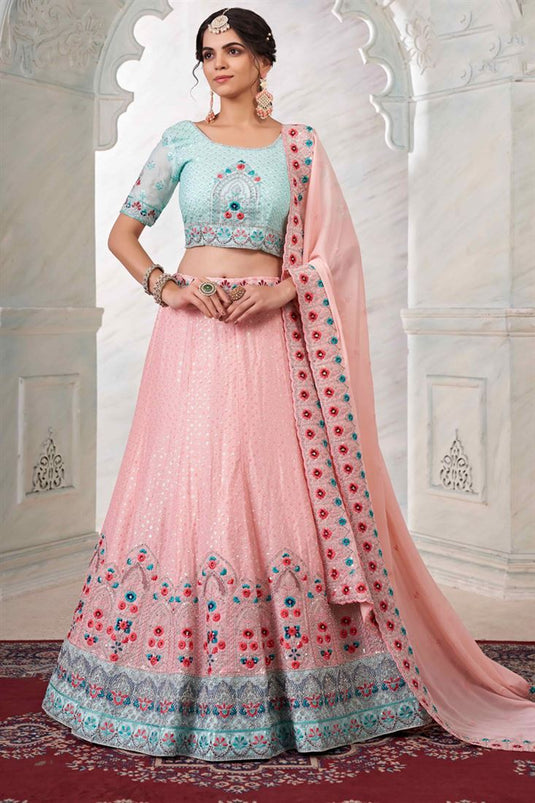 Elegant Georgette Fabric Wedding Wear Lehenga Choli in Peach Color