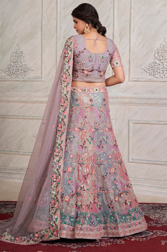 Lavender Color Net Fabric Wedding Wear Parity Lehenga