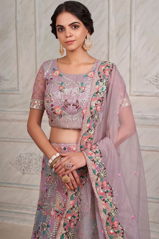 Lavender Color Net Fabric Wedding Wear Parity Lehenga