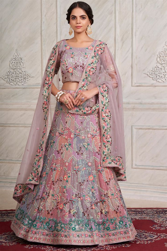 Lavender Color Net Fabric Wedding Wear Parity Lehenga