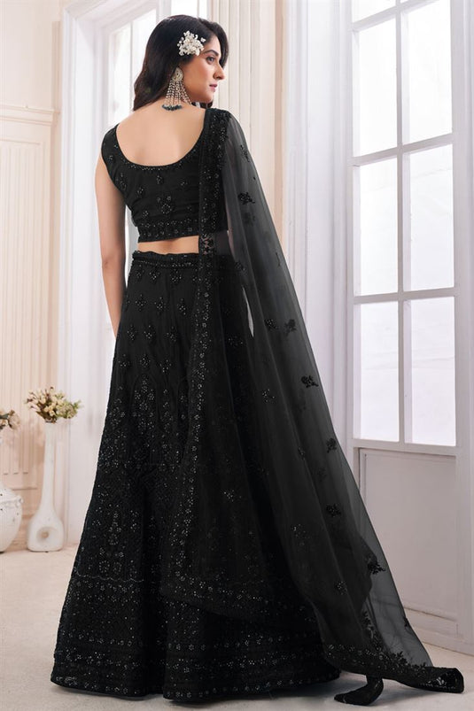 Mesmeric Black Color Wedding Wear Lehenga Choli In Net Fabric