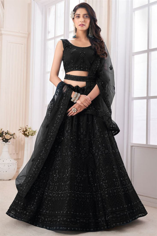 Mesmeric Black Color Wedding Wear Lehenga Choli In Net Fabric