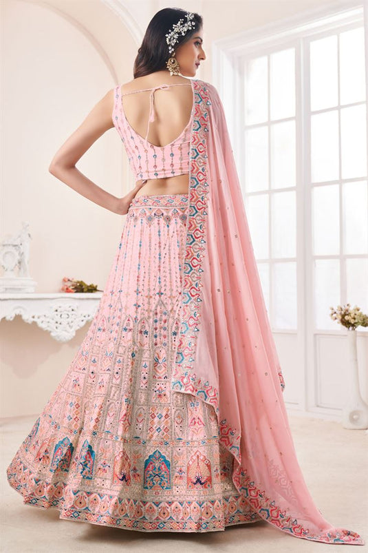 Incredible Wedding Wear Georgette Fabric Peach Color Lehenga Choli