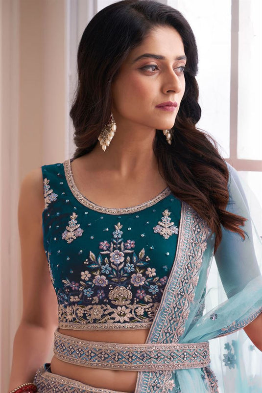 Tempting Art Silk Fabric Teal Color Lehenga Choli In Wedding Wear