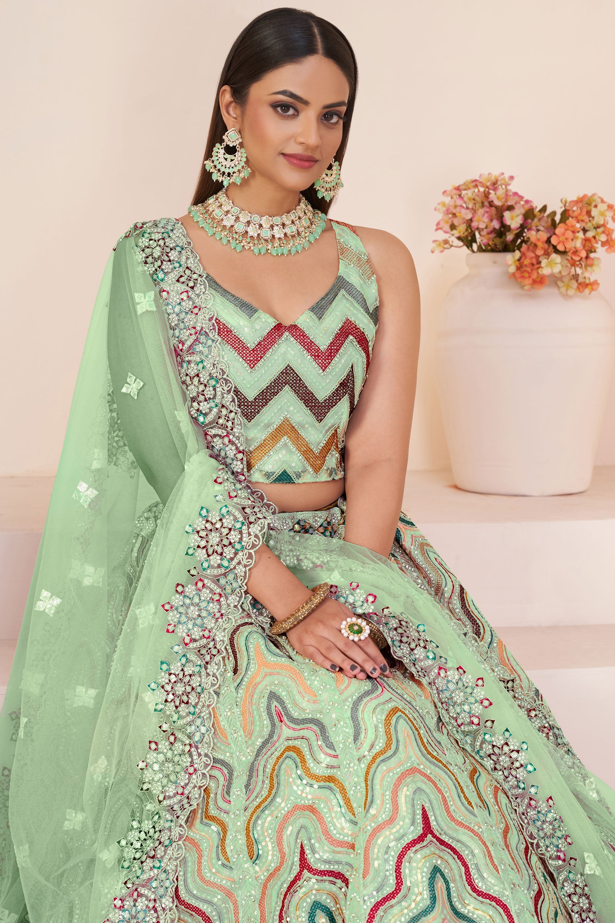 Sea Green Tissue Fabric Embroidered Wedding Lehenga Choli