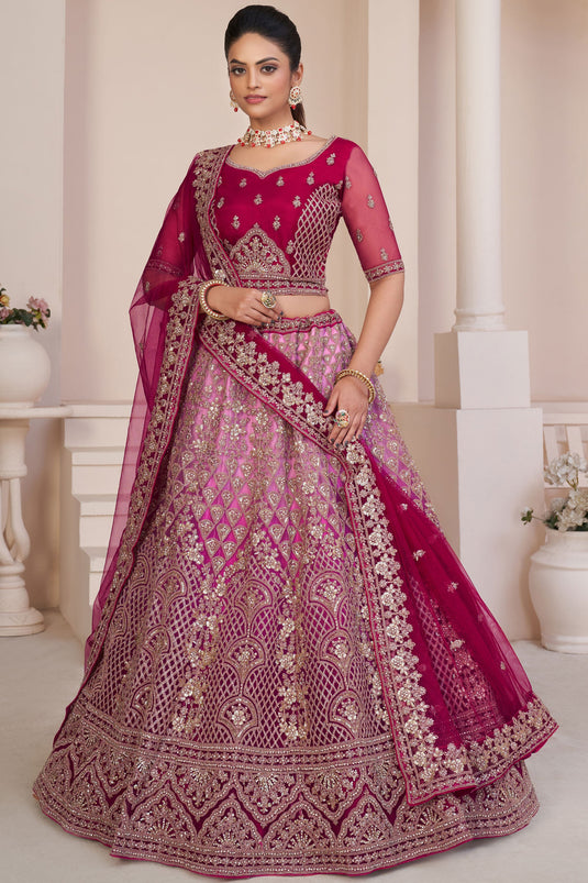 Net Fabric Red Color Bridal Lehenga Choli With Embroidery Work