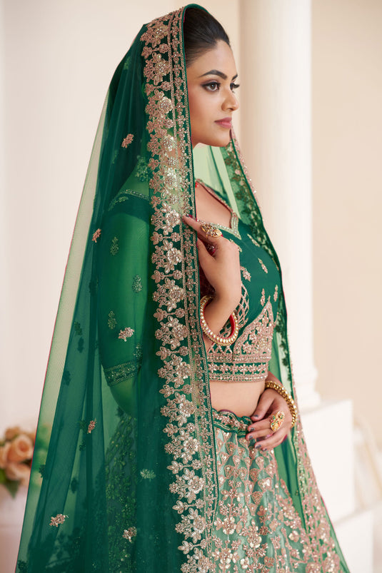 Embroidery Work Net Fabric Bridal Lehenga Choli In Green Color