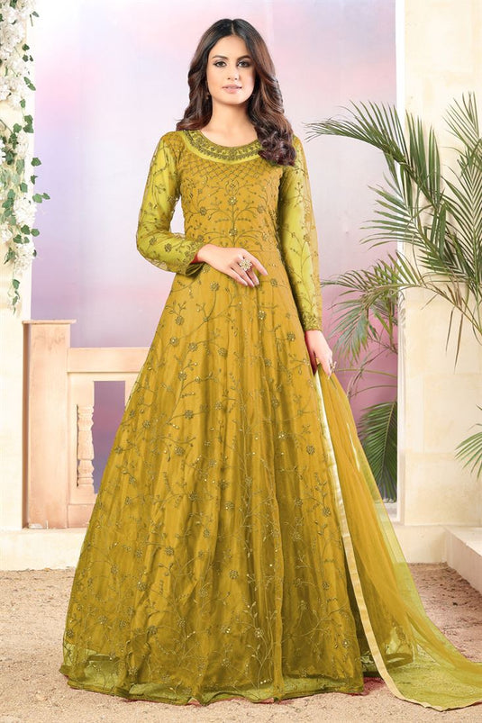 Net Fabric Party Wear Yellow Color Embroidered Anarkali Salwar Suit