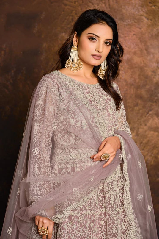 Embroidery Work Lavender Color Net Fabric Anarkali Salwar Suit
