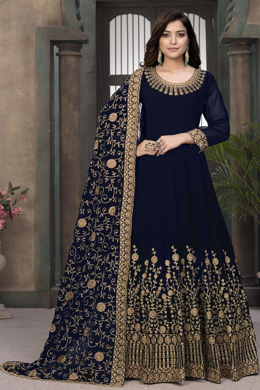 Navy Blue Color Function Wear Stylish Embroidered Georgette Fabric Anarkali Dress
