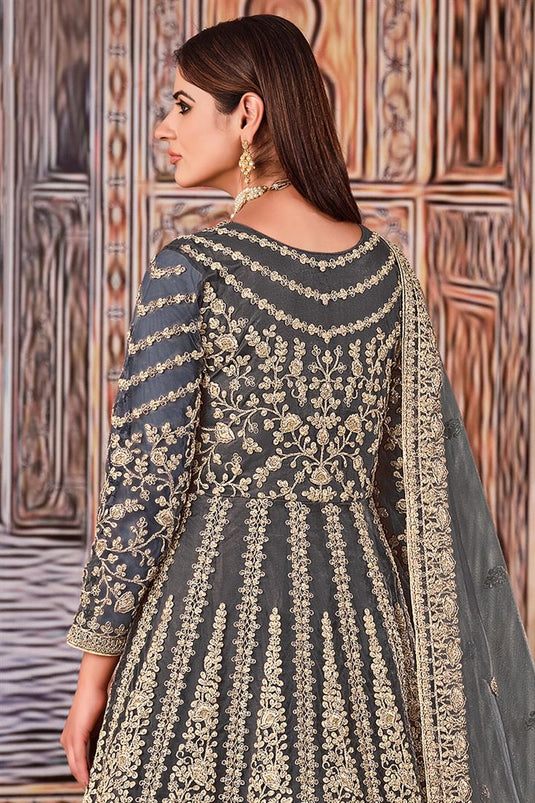 Grey Color Festive Wear Embroidered Net Fabric Anarkali Salwar Kameez